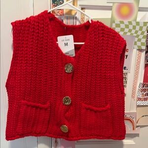Red Knitted Vest with Gold Buttons - Size M